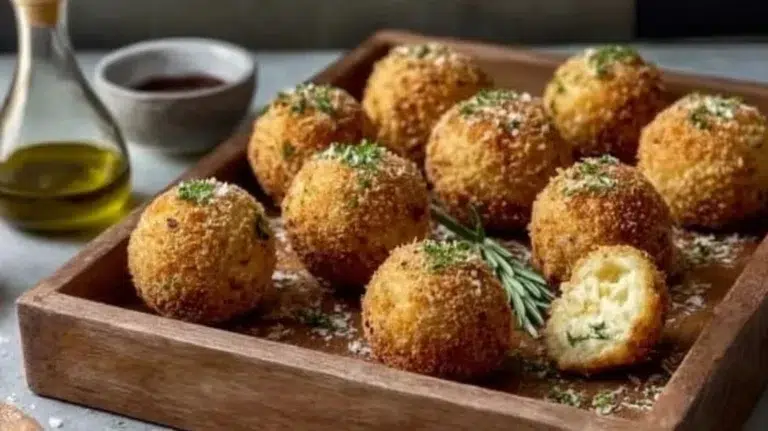 Deliciously baked arancini, golden and crispy Italian rice balls with herbs.