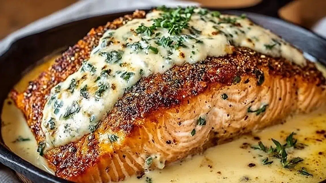 Baked Boursin Salmon served on a plate with herbs and lemon slices.