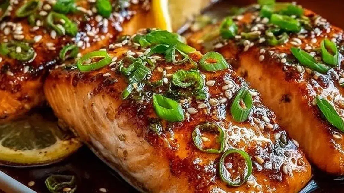 Baked teriyaki salmon served with vegetables on a plate