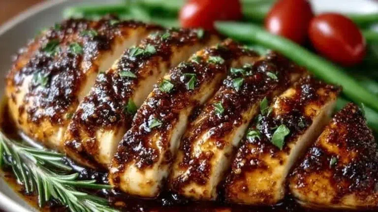 Delicious Balsamic Baked Chicken Breast garnished with herbs