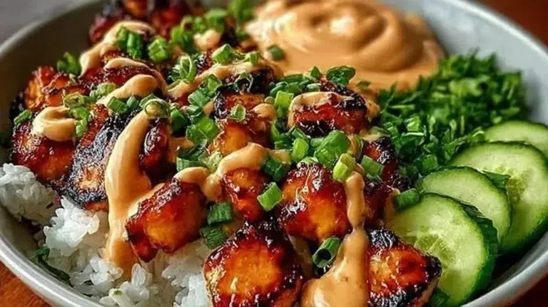 Bang Bang Chicken Bowl with spicy chicken, fresh vegetables, and flavorful sauce