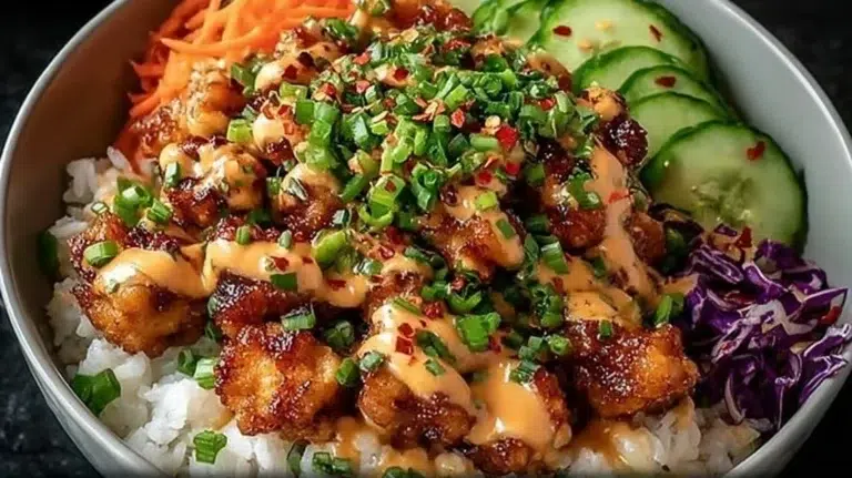 Delicious Bang Bang Chicken Bowl with spicy sauce and fresh vegetables