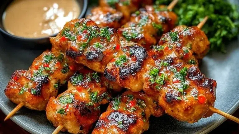 Delicious Bang Bang Chicken Skewers garnished with herbs and served on a platter