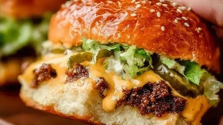 Delicious Big Mac sliders served on a platter with toppings.