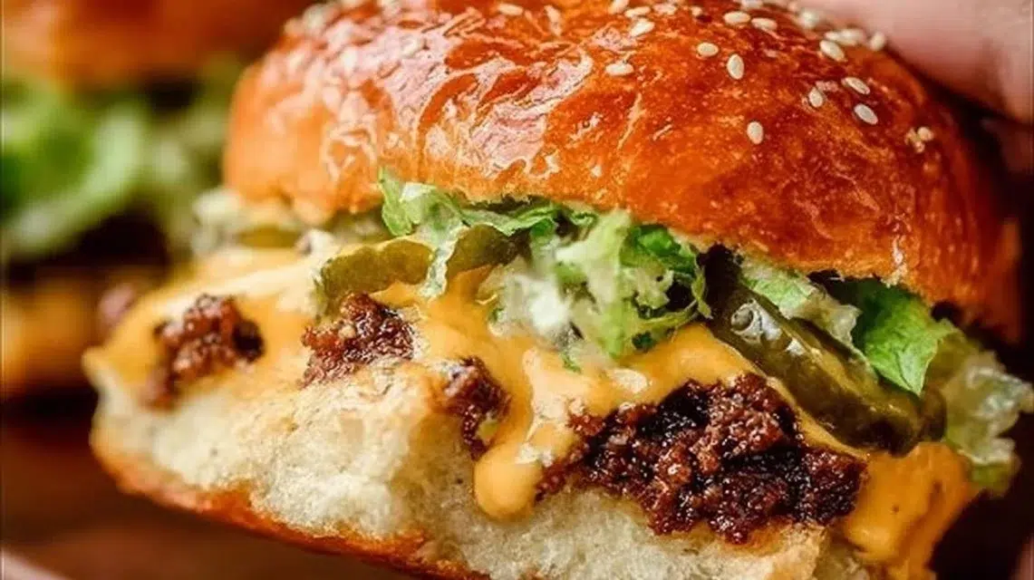 Delicious Big Mac sliders served on a platter with toppings.