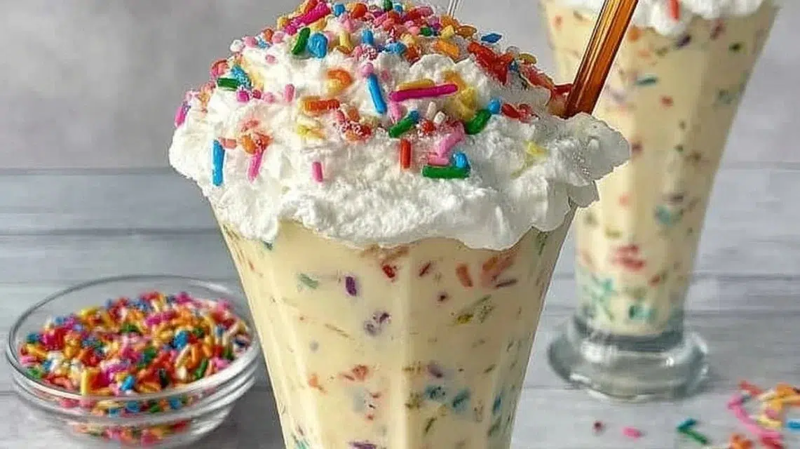 Birthday Cake Protein Milkshake topped with colorful sprinkles.
