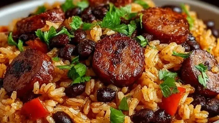 Delicious black beans and rice served with sausage, a hearty meal option.