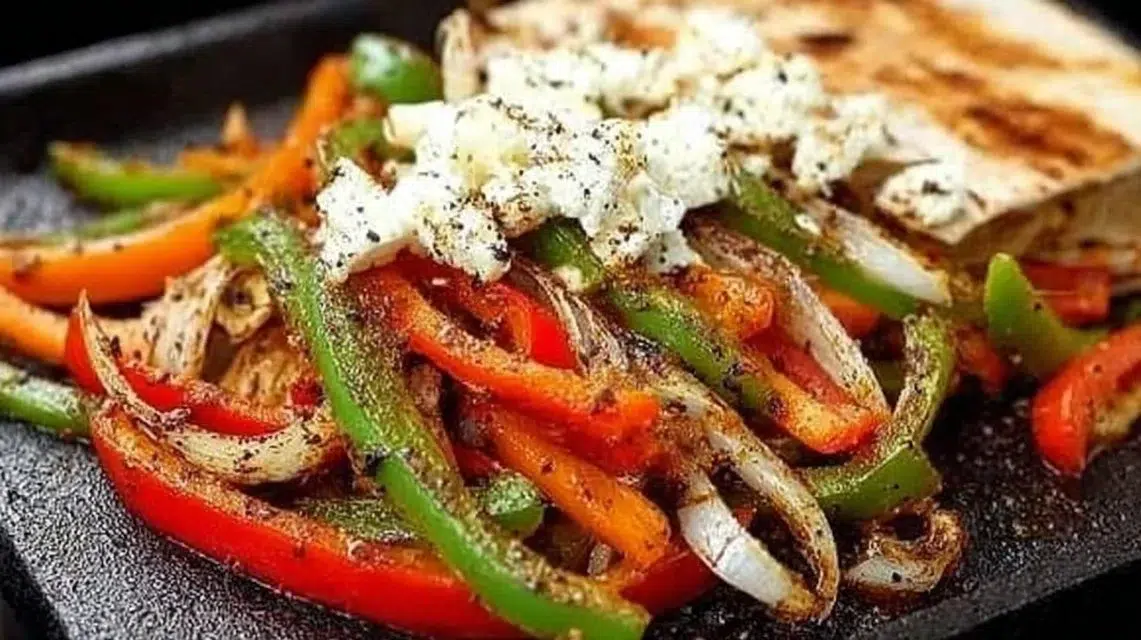 Sizzling Blackstone chicken fajitas with colorful bell peppers and onions.