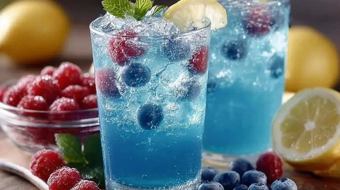 Refreshing Blue Raspberry Lemonade served in a glass with ice and lemon slices.