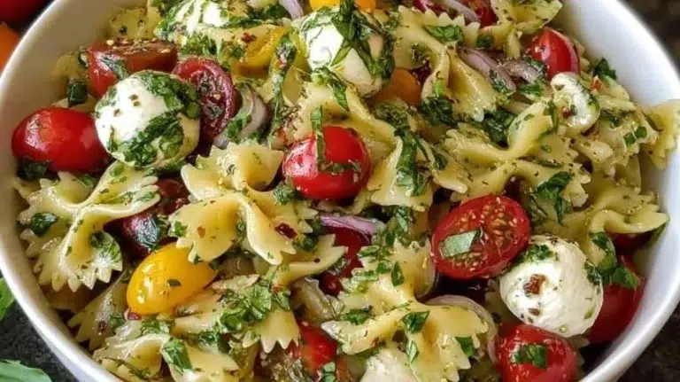 Delicious bow tie pasta salad with colorful vegetables and dressing