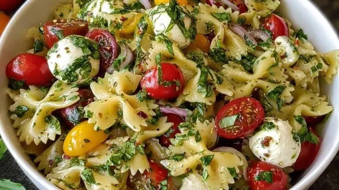 Delicious bow tie pasta salad with colorful vegetables and dressing