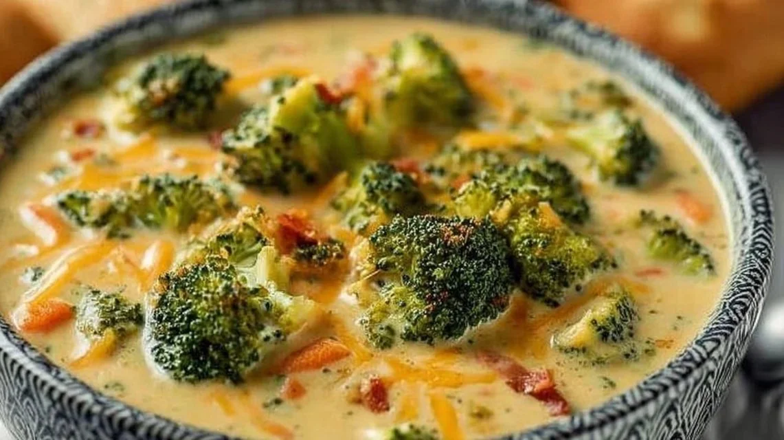 Bowl of creamy broccoli cheddar soup topped with cheese and bread