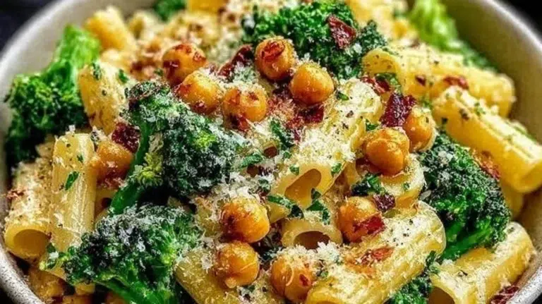 Vibrant Broccoli Chickpea Pasta drizzled with Garlic Olive Oil