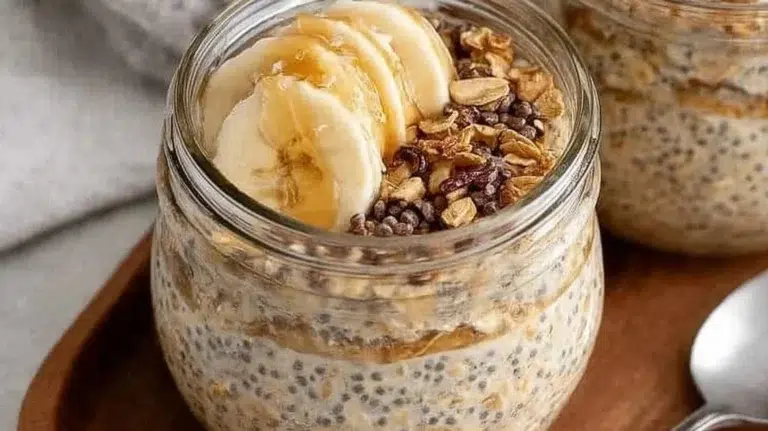 Bowl of brown sugar overnight oats topped with fruits and nuts