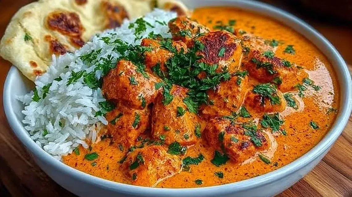 Delicious serving of Butter Chicken with naan and rice on a plate