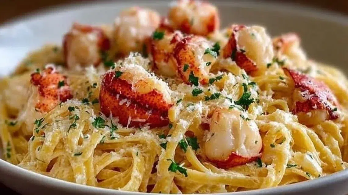 Plate of Buttered Lobster Pasta garnished with herbs.