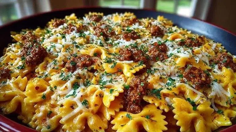 Delicious Cajun Cream Cheese Alfredo Bowties with spiced ground beef dish