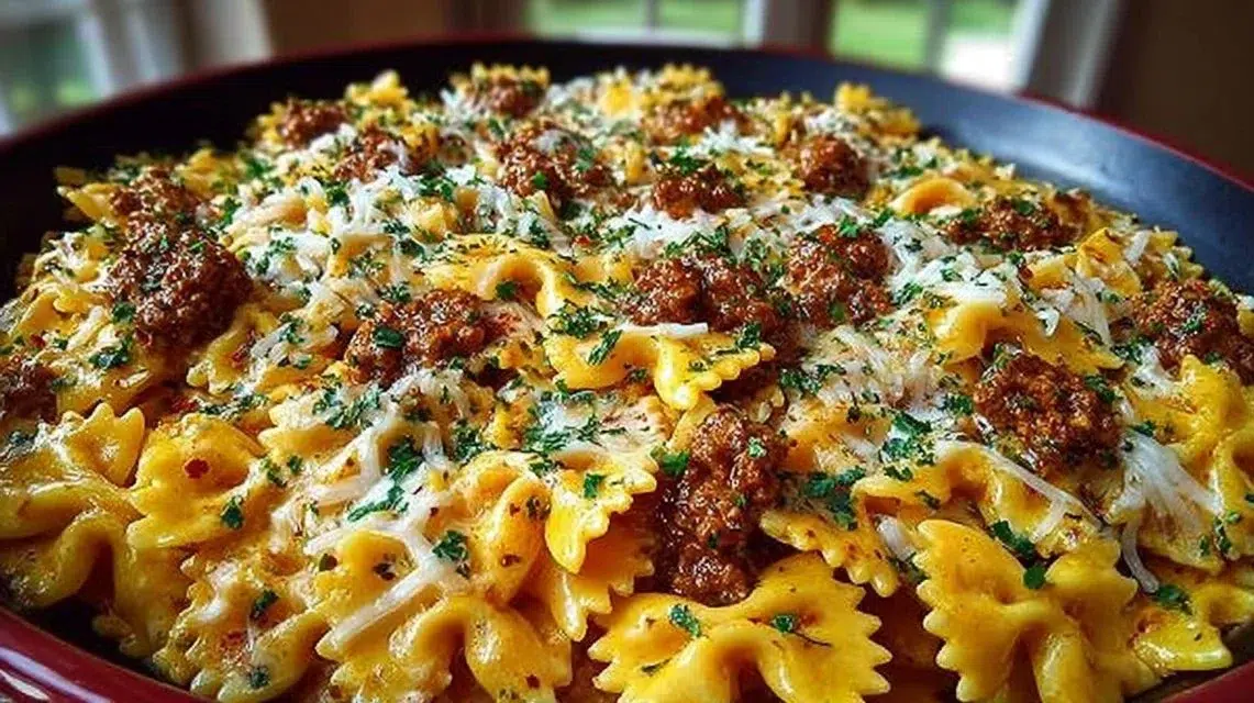 Delicious Cajun Cream Cheese Alfredo Bowties with spiced ground beef dish