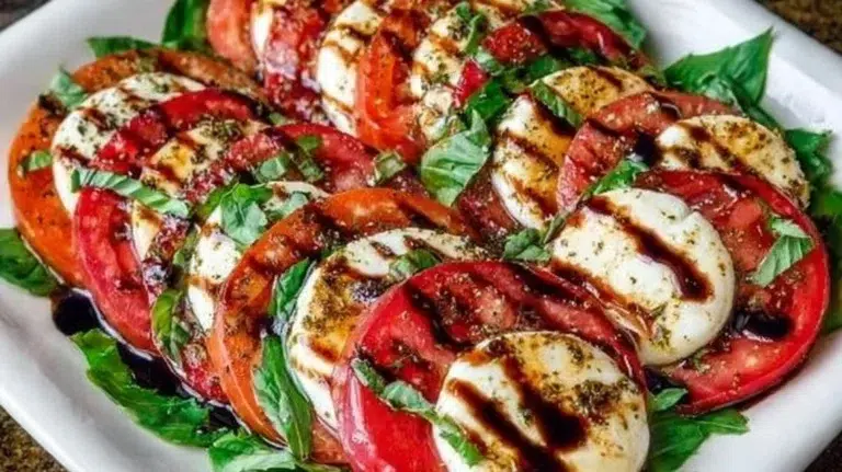 Fresh Caprese Salad with tomatoes, mozzarella, basil, and balsamic drizzle