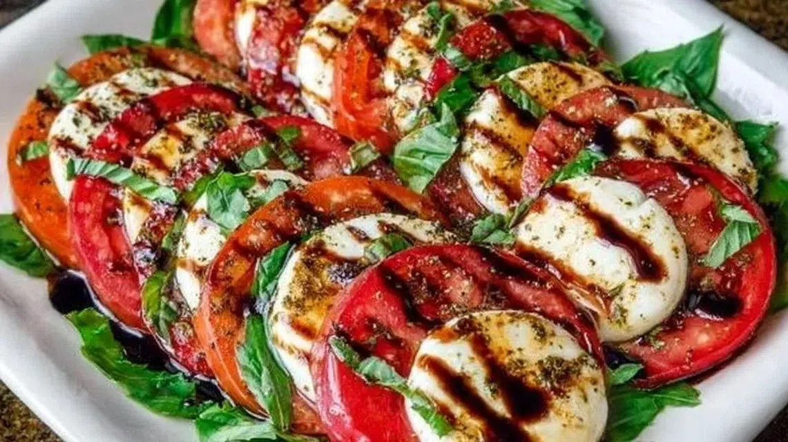 Fresh Caprese Salad with tomatoes, mozzarella, basil, and balsamic drizzle