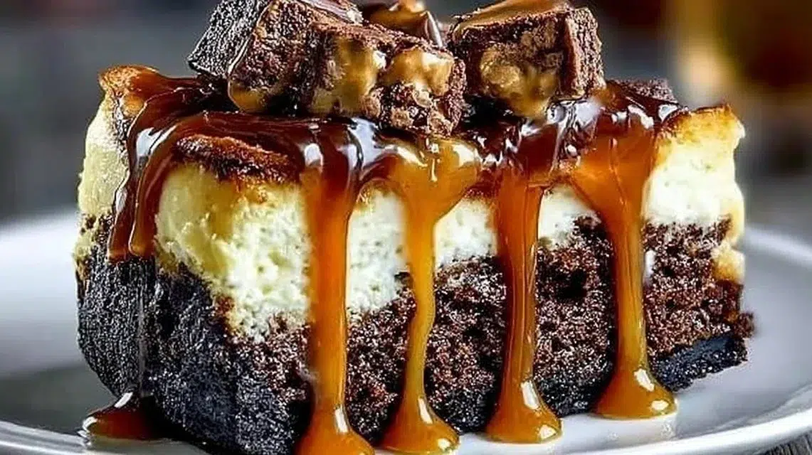 Slice of caramel brownie cheesecake topped with caramel drizzle and chocolate shavings.