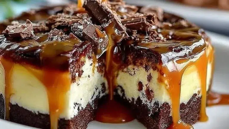 Delicious caramel brownie cheesecake topped with drizzled caramel