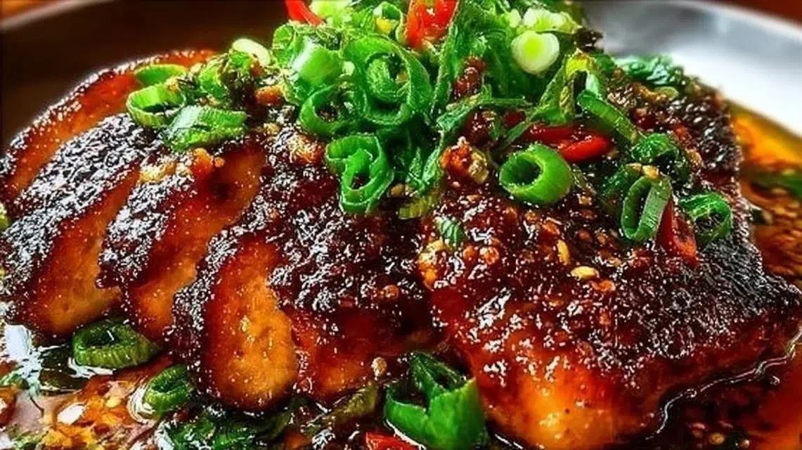 Delicious caramelized soy chicken on a plate with garnishes