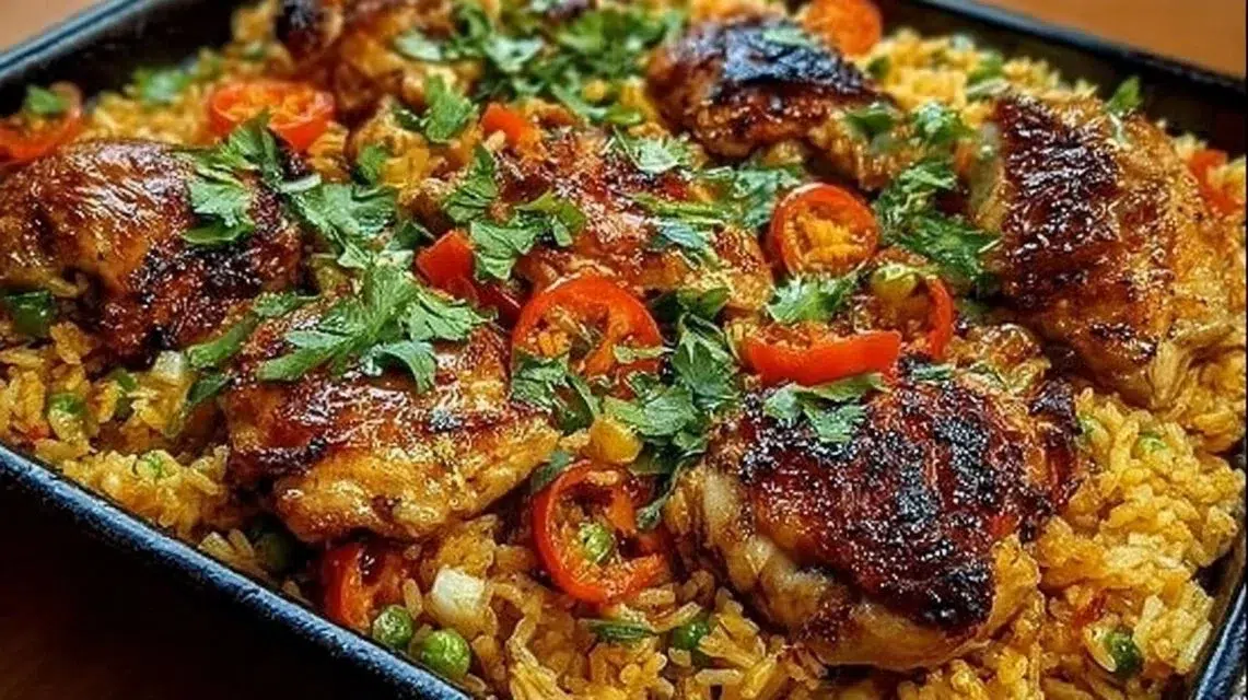 Plate of Caribbean Chicken served with rice and colorful vegetables