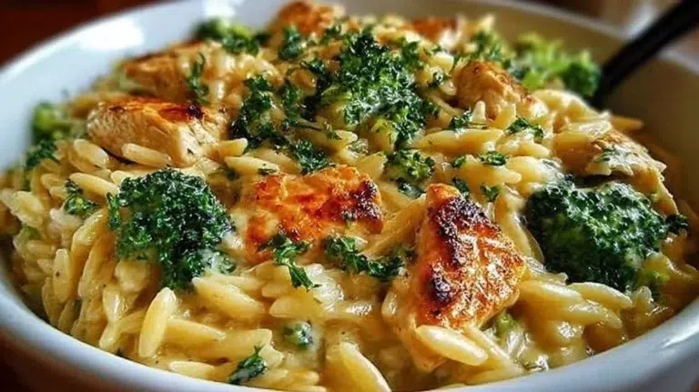 Cheesy Chicken Broccoli Orzo dish served in a bowl