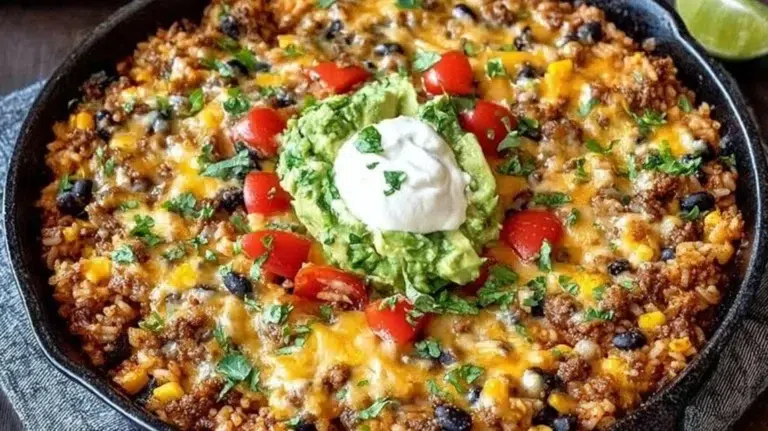 Cheesy Taco Rice Skillet with seasoned beef, cheese, and vibrant vegetables