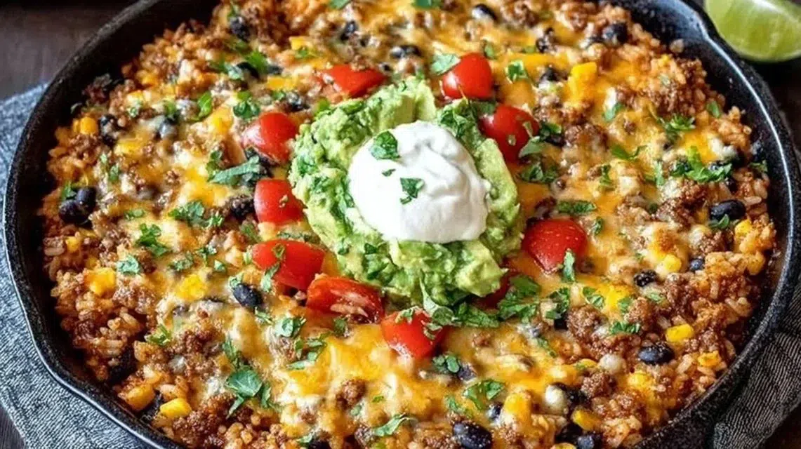 Cheesy Taco Rice Skillet with seasoned beef, cheese, and vibrant vegetables
