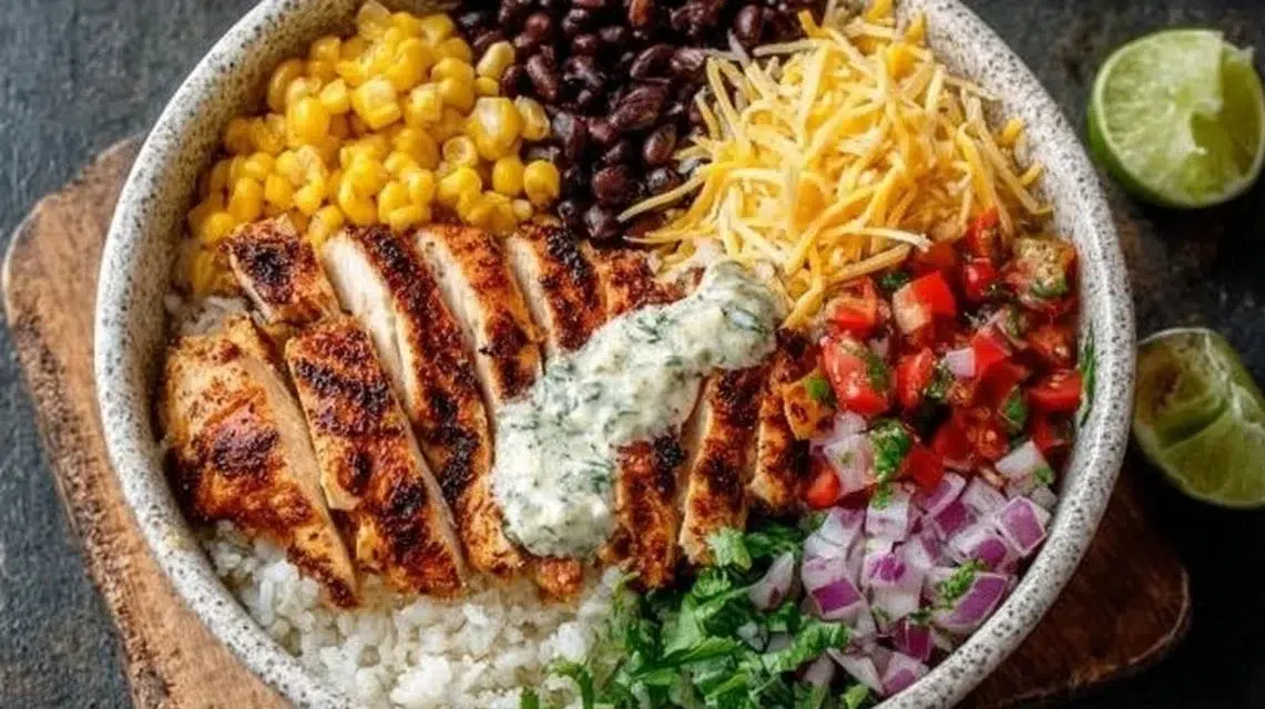 Delicious chicken and black bean burrito bowl topped with fresh ingredients