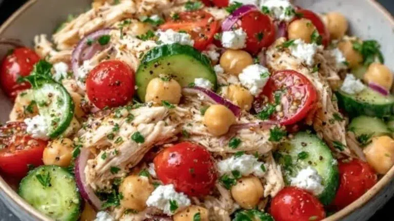 Chicken and chickpea salad with fresh vegetables and dressing