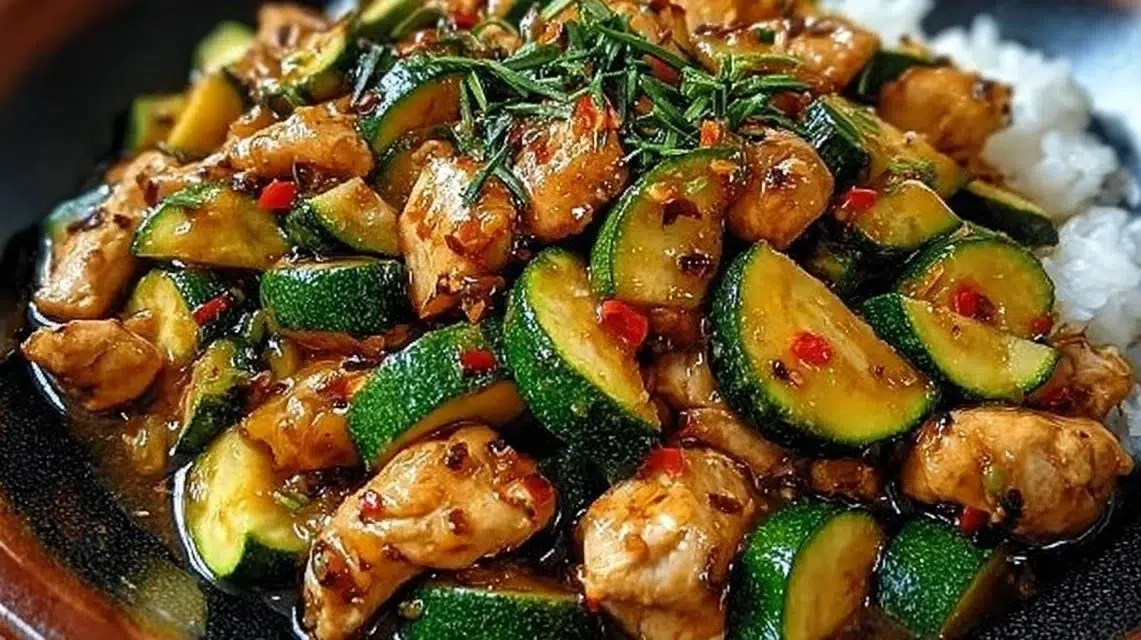Chicken Zucchini Stir Fry with colorful vegetables in a skillet