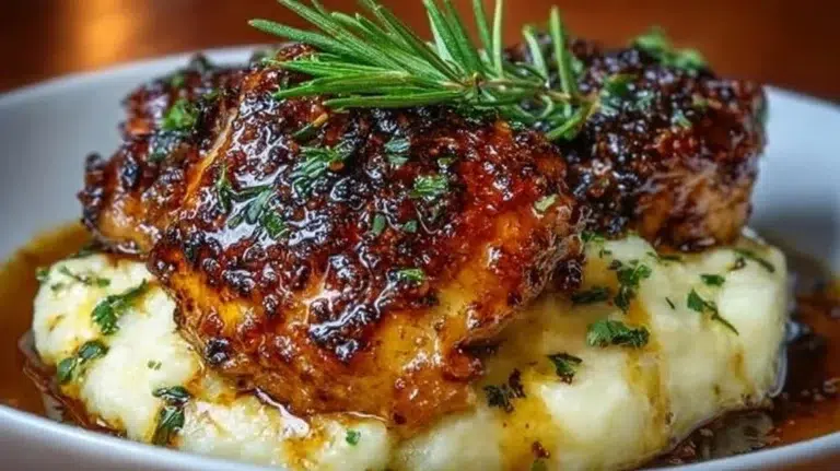 Chipotle Honey Chicken thighs served with smoked gouda mashed potatoes