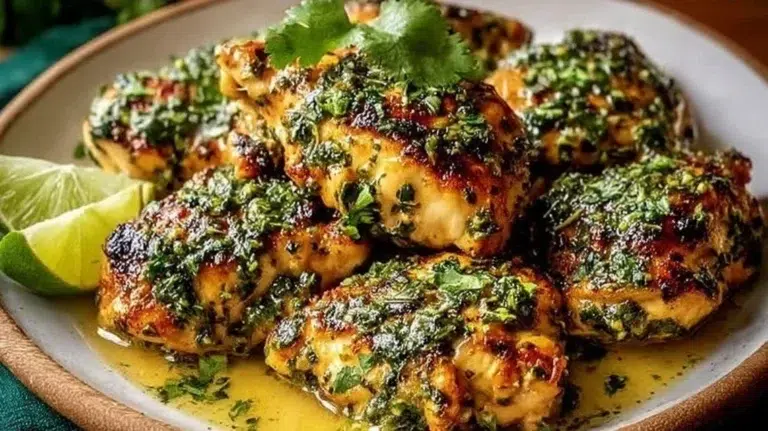 Cilantro lime chicken thighs garnished with fresh herbs and lime wedges.