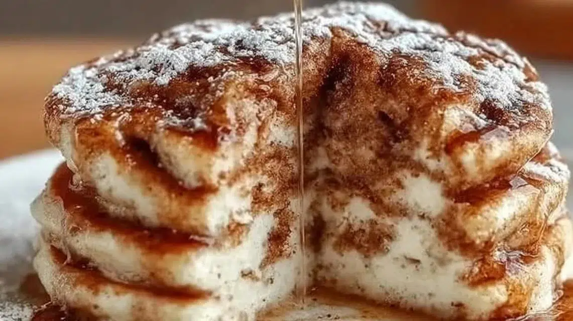 Stack of cinnamon roll pancakes topped with icing and cinnamon