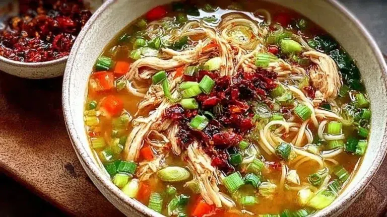 Bowl of Classic Ginger Garlic Chicken Noodle Soup with herbs and noodles