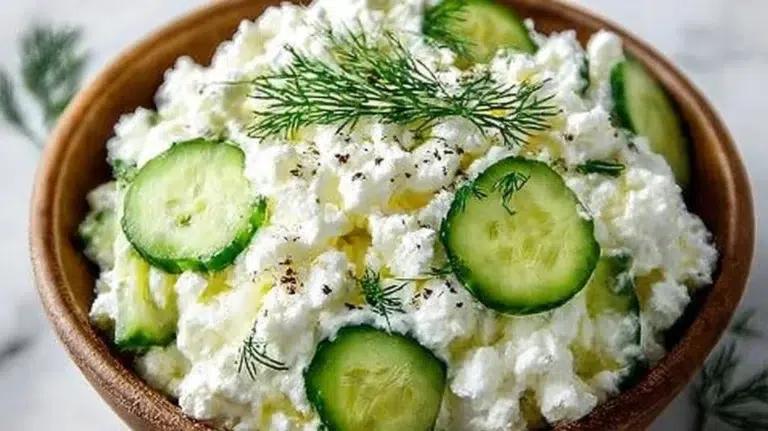 Cottage Cheese Salad with diced cucumbers in a bowl