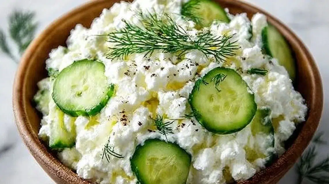 Cottage Cheese Salad with diced cucumbers in a bowl