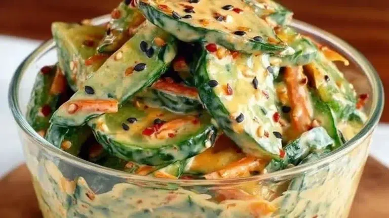 Creamy Asian cucumber salad bowl with fresh ingredients and vibrant colors.