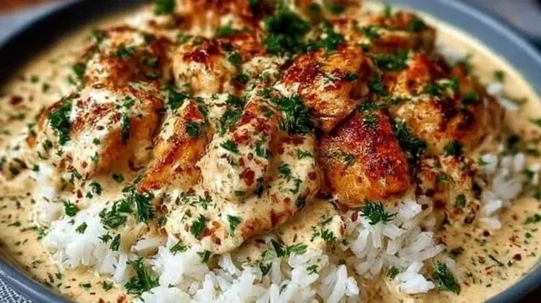 Creamy chicken and rice dish served in a bowl, garnished with herbs