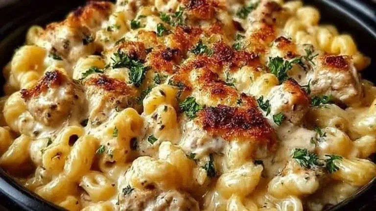 Creamy chicken pasta dish prepared in a crockpot for easy cooking