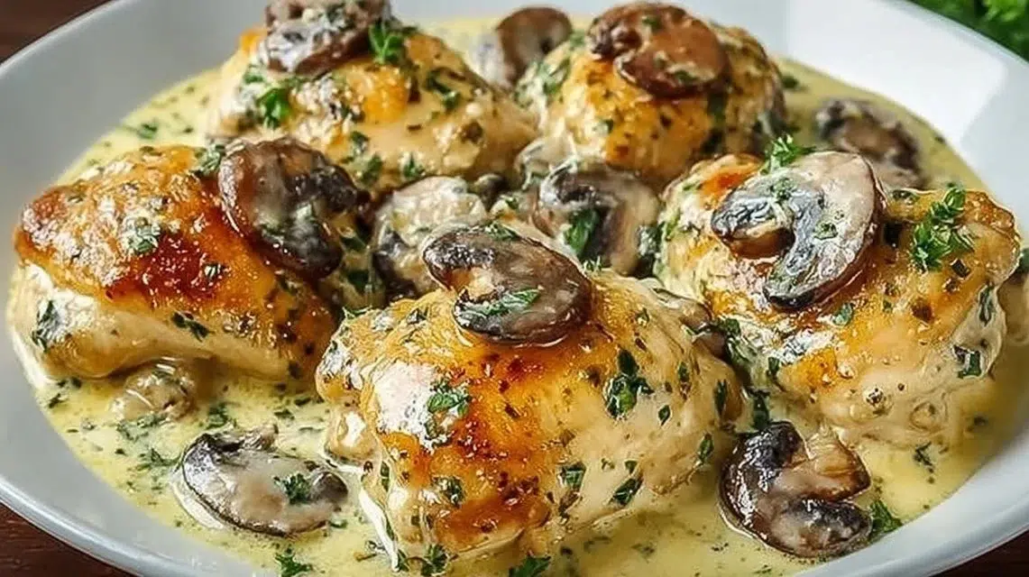 Delicious creamy garlic mushroom chicken thighs served on a plate