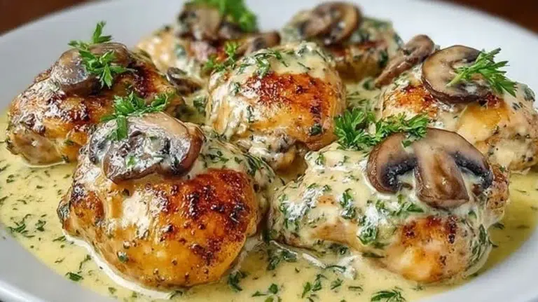 Creamy garlic mushroom chicken thighs served with herbs and spices