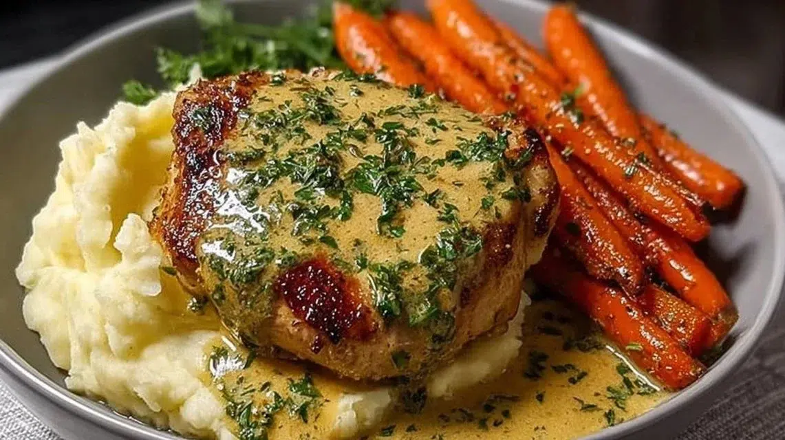 Creamy Herb Chicken served with mashed potatoes and glazed carrots on a plate.