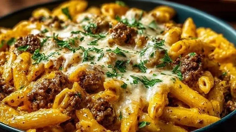 Creamy high protein beef pasta served in a bowl with garnishes
