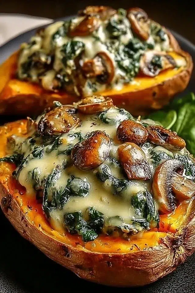 Creamy Mushroom and Spinach Stuffed Sweet Potatoes