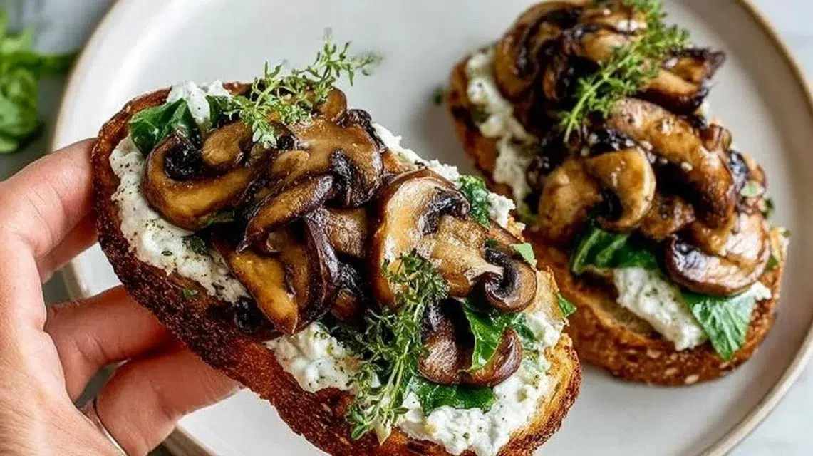Creamy mushroom toast with herbs and spices on a wooden plate