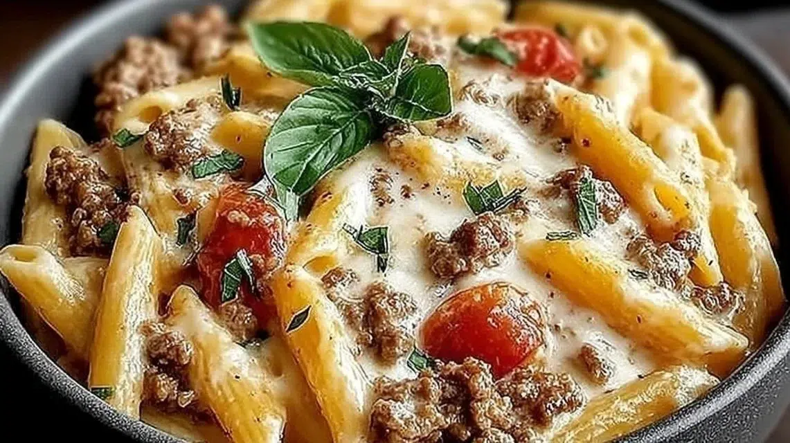 Creamy Rotel pasta dish with ground beef served in a bowl